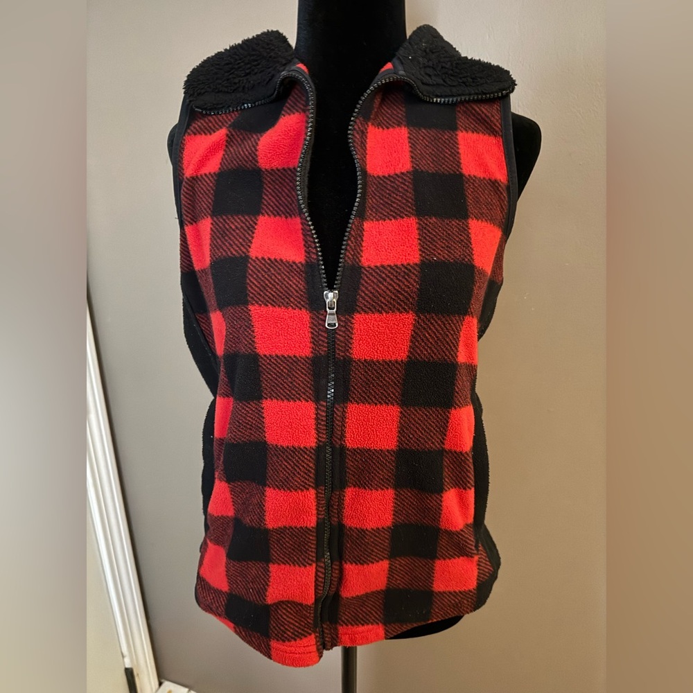 Red and Black Plaid Zip-Up Vest